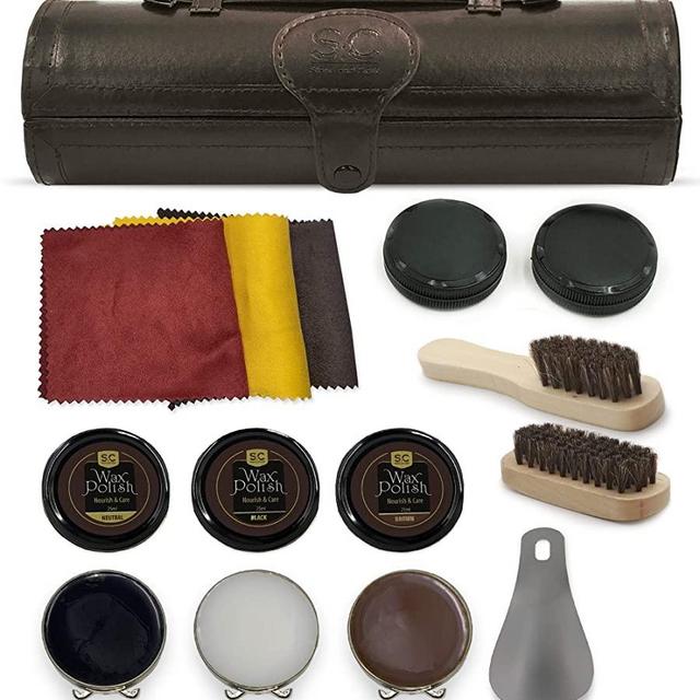 Stone & Clark 12PC Shoe Polish & Care Kit, Leather Shoe Shine Kit with Brown Wax, Shoe Brushes for Polishing, Shine Cloth & Shoe Horn, Compact Shoe Cleaning Kit with Horse Hair Brushes & PU