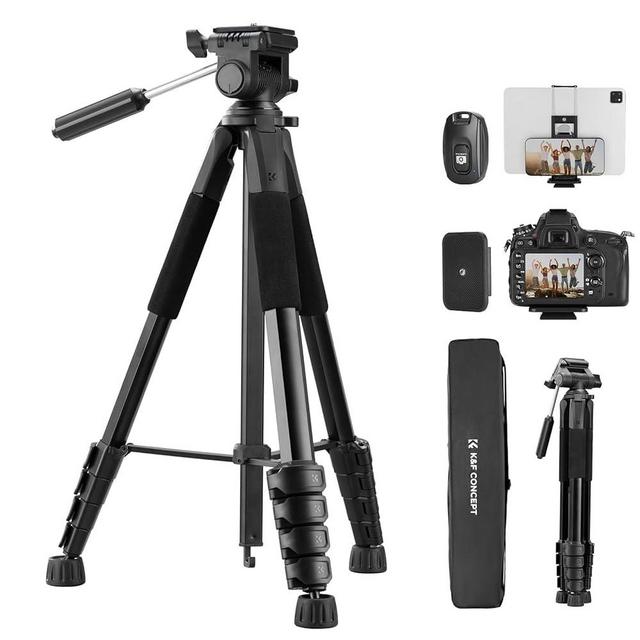 K&F Concept Camera Tripod, 75" Lightweight Portable Travel Outdoor DSLR Tripods for Camera Phone Video Recording Tripod Stand, Cellphone Clip for Smartphone Live Streaming Vlog, Black