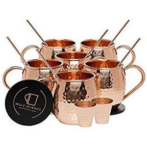 Mule Science Moscow Mule Copper Mugs - Set of 4 - 100% HANDCRAFTED - Pure Solid Copper Mugs 16 oz Gift Set with BONUS: Highest Quality Cocktail Copper Straws, Coasters and Shot Glass!