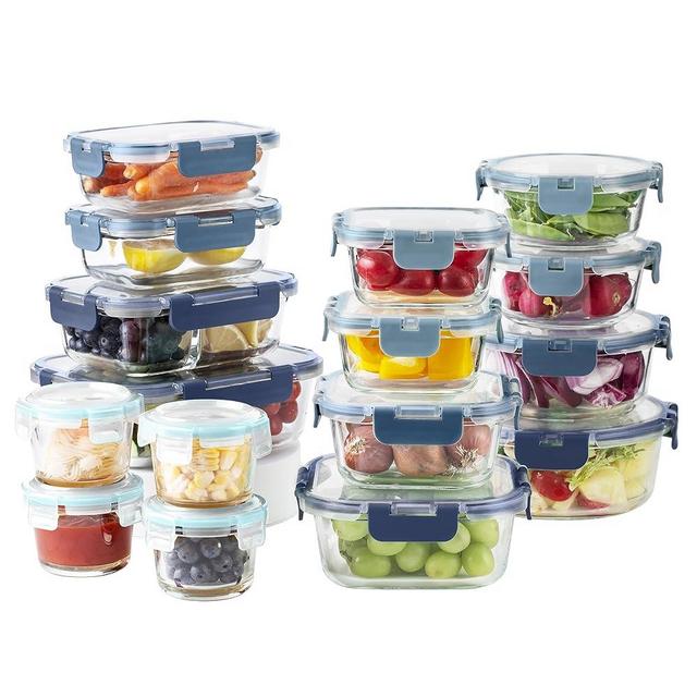 COOK WITH COLOR Premium 32-Pc. Glass Food Container Set with Dividers - 4 Rectangles, 8 Rounds, 4 Squares - Leakproof Lids - Meal Prep, Storage