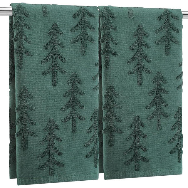 Breling 2 Pcs Minimalist Christmas Hand Towels Green Christmas Trees Bathroom Decorative Towels 100% Cotton Absorbent Jacquard Weave Bath Decor Winter Holiday Bathroom Decor Xmas Gifts 13.7''x29.5''