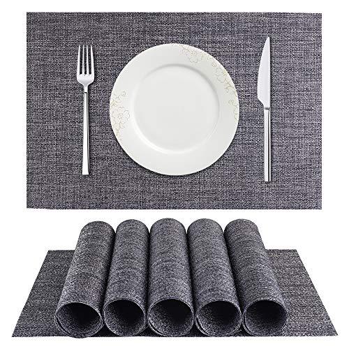 BETEAM Placemats, Heat-Resistant Placemats Stain Resistant Anti-Skid Washable PVC Table Mats Woven Vinyl Placemats, Set of 6(Dark Gray)