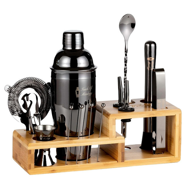 Touch of Mixology Premium 14 Piece Stainless Steel Bartender Kit with Bamboo Stand (Dark Metallic)