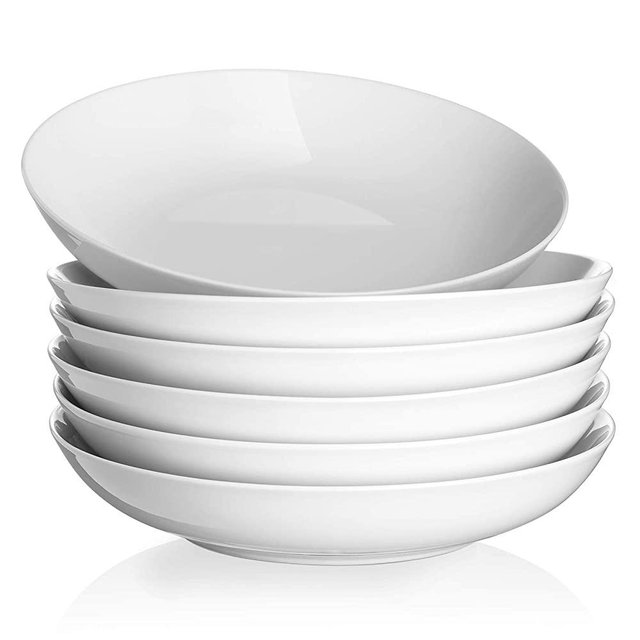 Y YHY 40oz Pasta Bowls, Large Salad Pasta Bowl Set of 6, Shallow Ceramic Soup Bowls, White Bowl Set for Serving, Microwave and Dishwasher Safe, Easy to Clean