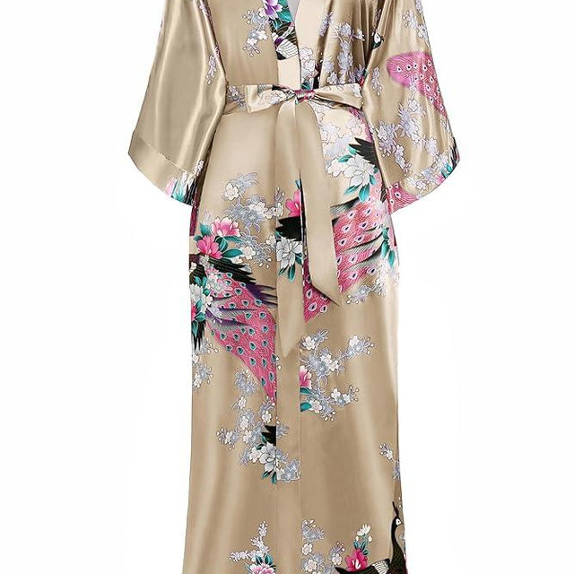BABEYOND Women's Kimono Robe Long Satin Robes with Peacock and Blossoms Printed Kimono Nightgown