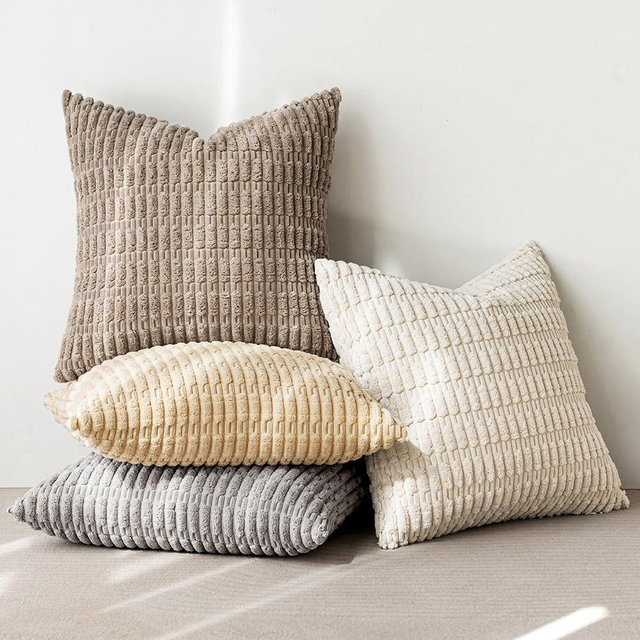 MIULEE Pack of 4 Neutral Corduroy Decorative Throw Pillow Covers 20x20 Inch Soft Boho Striped Pillow Covers Modern Farmhouse Home Decor for Sofa Living Room Couch Bed