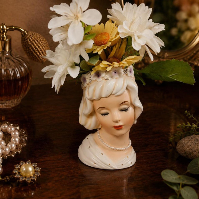 Vintage Napco Lady Head Vase 1962 Hand Painted Floral Girl Planter Collectible Bust