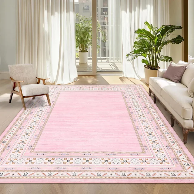 5'x7' Pink Modern Bordered Area Rug Floral Rug Low Pile Non-Slip Accent Rug