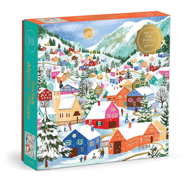 Galison Swiss Alpine Village Puzzle – 500 Piece Foil Puzzle Featuring Snowy Mountain Village Artwork