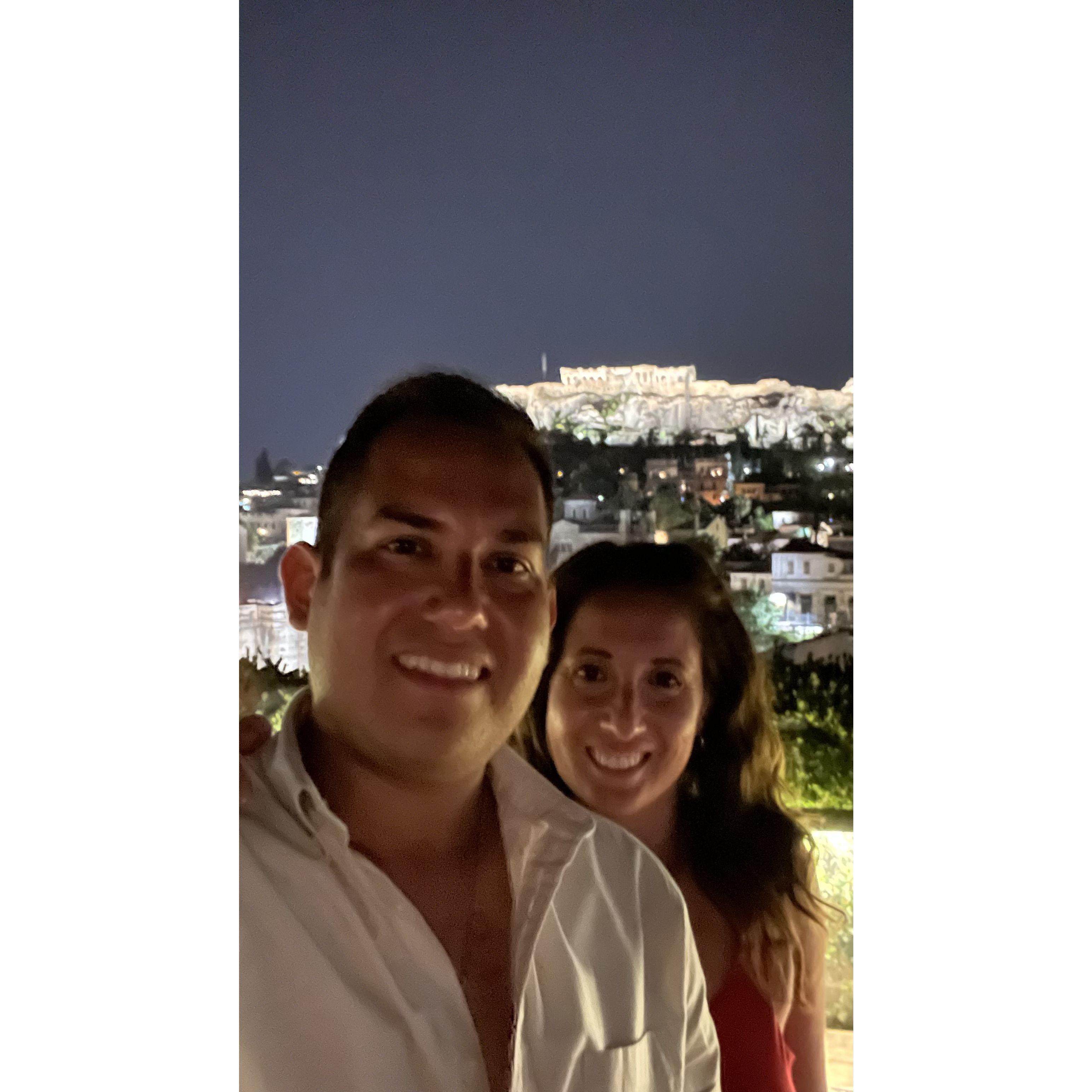 Celebrating Renato's 35th birthday at a rooftop bar in Athens with a view of the Acropolis!