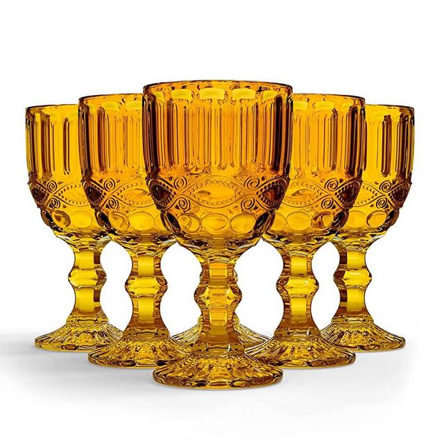 Elle Decor Set of 6 Wine Glasses | Amber Colored Glassware Set | Colored Wine Glasses | Vintage Glassware Sets | Water Goblets for Party, Wedding, & Daily Use | Wine Glass - Set of 6 (8.4 oz)