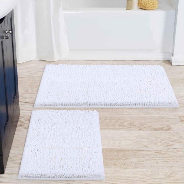 smiry Bathroom Rugs and Mats Set, 2 Piece Chenille Bath Mat Set, Machine Wash Dry, Non Slip Absorbent Shaggy Bath Rug for Bath Room, Shower and Tub (20" x 32"+17" x 24", White)