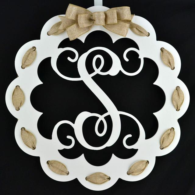 Letter S - Monogrammed Door Hanger | Mom Gift | White and Burlap Everyday Year Letter Door Hanger