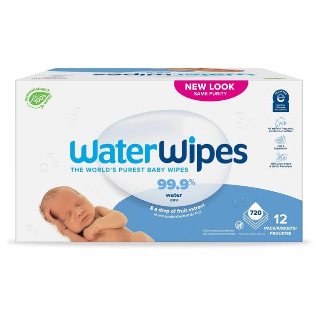 WaterWipes Biodegradable Original Baby Wipes, 99.9% Water Based Wipes, Unscented Hypoallergenic for Sensitive Skin, 60 Count (Pack of 12) - Packaging May Vary