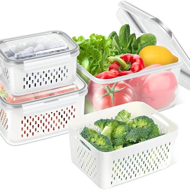 3 Pack Fruit Storage Containers for Fridge with Removable Colander, Airtight Food Storage Containers with Lids, Fresh Produce Fridge Organizer Bins, Fruit Vegetable Kitchen Organizers and Storage