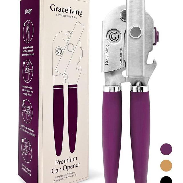 Graceliving Premium Multifunctional Magnetic Manual Can Opener and Bottle Opener, Heavy Duty Stainless Steel Sharp Cutting Blade and Oversized Easy Turn Knob, Soft-Touch Handle, Kitchen Use, Mauve