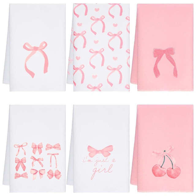 Macarrie Pink Bow Hand Towels Set Pink Coquette Kitchen Towels 16 x 24, 6 Pack Coquette Decor Dishes Absorbent for Bathroom Kitchen Decor Soft Dish Cloth for Women Gifts
