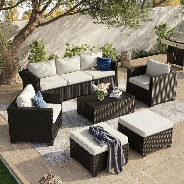 Aoxun 8 Piece Outdoor Patio Furniture Set 7 Seats, Outdoor Sectional with Thick Waterproof Cushions, Patio Conversation Sets for Garden,Backyard, Porch, Balcony, Deck, Black & Beige