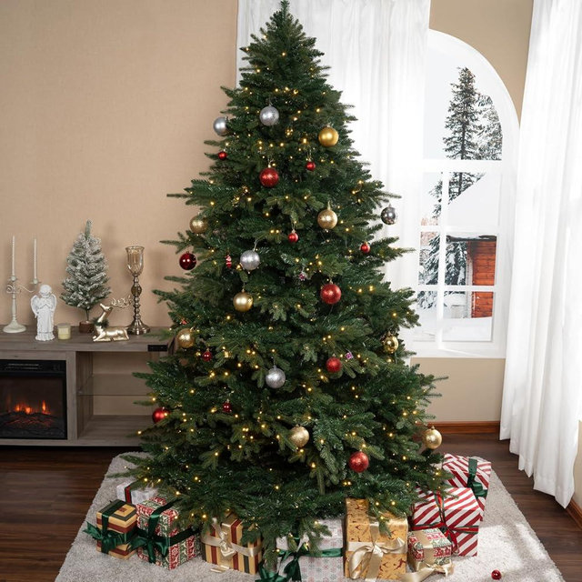 Naomi Home 7.5ft Rustic Christmas Tree with Lights, Realistic Classic Christmas Tree Prelit with 3661 Branch Tips, 800 Warm Lights and Metal Stand, Aritificial Christmas Tree
