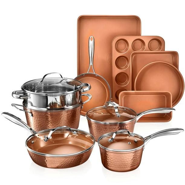 Gotham Steel Hammered Collection Pots and Pans Set, 15-Piece Premium Cookware & Bakeware Set, Non-Stick, Includes Fry Pans, Stock Pots, Bakeware Set & More, Copper