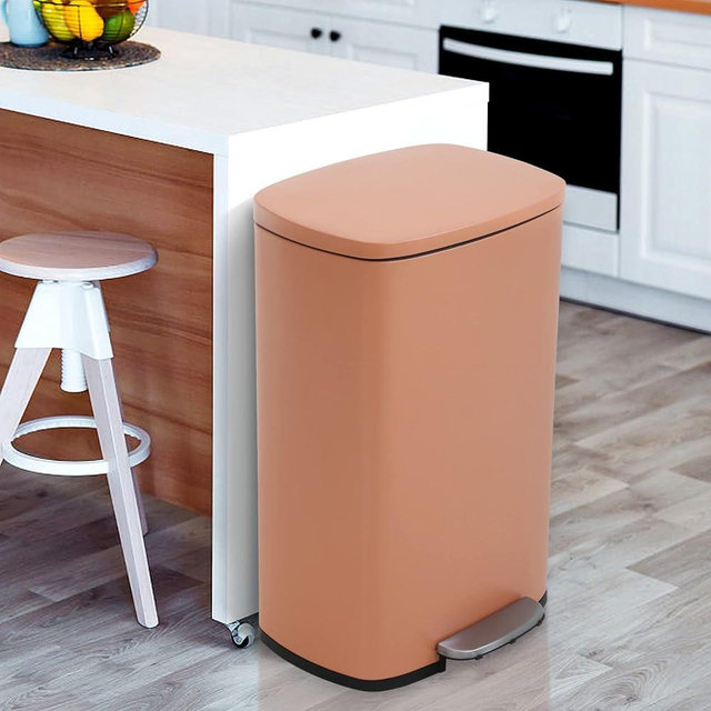 Haiput Wam 13 Gallon Trash Can, Brushed Stainless Steel Kitchen Trash Can with Soft-Close Lid, Fingerprint-Resistant Kitchen Garbage Can with Foot Pedal and Inner Bucket, Odor Proof Garbage Can, Pink