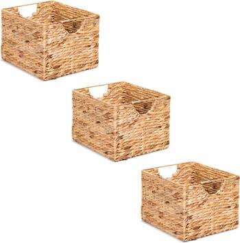 Set of 3 Wicker Cube Baskets with Handles