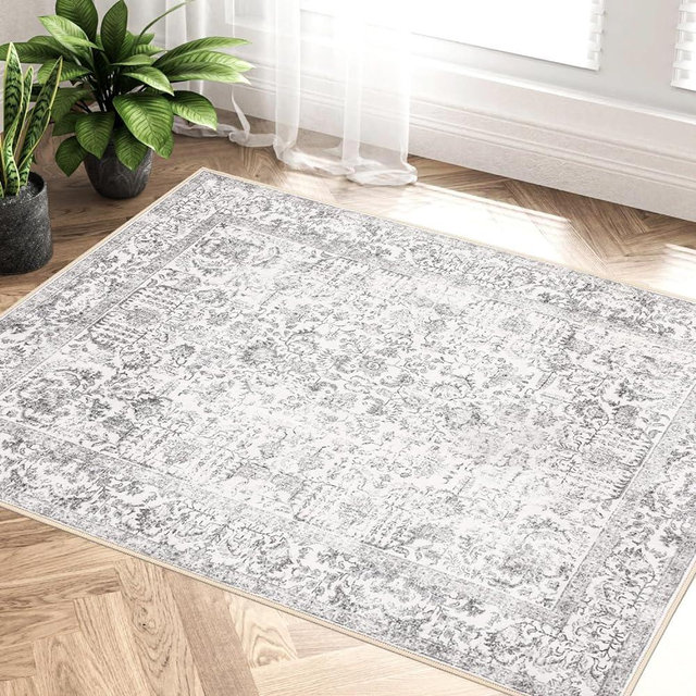 PureCozy Grey Area Rug 2x3 Entryway Rug Kitchen Vintage Living Room Carpet Indoor Bedroom Rug Washable Distressed Rug Gray Floral Door Mat Retro Accent Throw Rug for Office Dining Room Bathroom