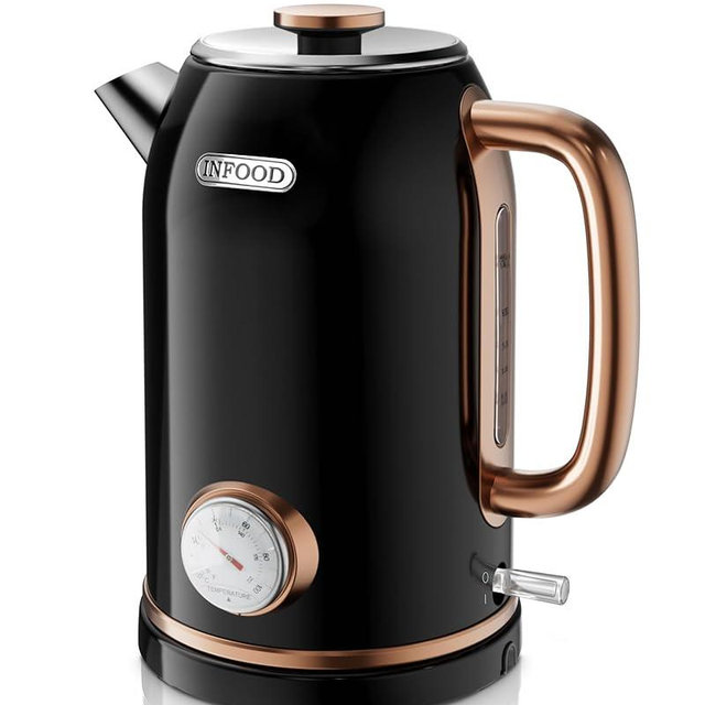 INFOOD Retro Electric Kettle, 1.8L/60.8oz Hot Water Kettle Electric with Thermometer, 1200W Fast Heating Stainless Steel Tea Kettle for Boiling Water, Cordless, LED Indicator, Auto Shut-Off, Black