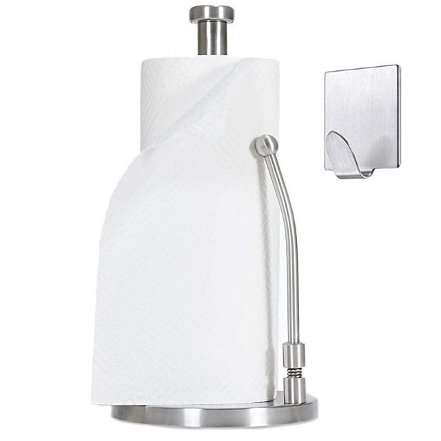 Dearworth Paper Towel Holder Stand-Stainless Steel Dispenser- Easy to Tear Kitchen Bathroom Countertop-Weighted Base-Sturdy Spring Arm for Standard Rolls Size –Come with M3 Self-adhesive Wall Hook