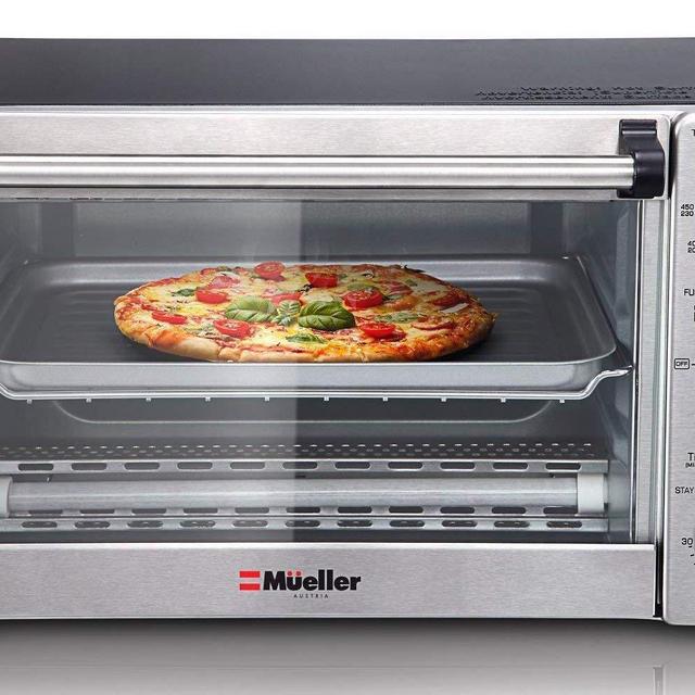 Toaster Oven 4 Slice, Multi-function Stainless Steel with Timer - Toast - Bake - Broil Settings, Natural Convection - 1100 Watts of Power, Includes Baking Pan and Rack by Mueller Austria