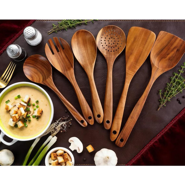 6-Piece Wooden Kitchen Utensil Set, Wooden Cooking Spoons and Serving Spoons for Nonstick Cookware