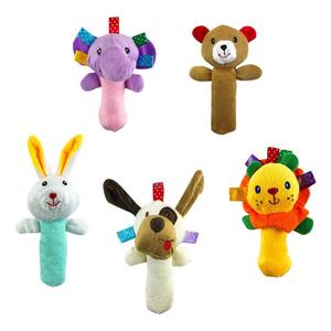 5 PCS Set Cartoon Stuffed Animal Baby Soft Plush Hand Rattle Squeaker Sticks for Toddlers