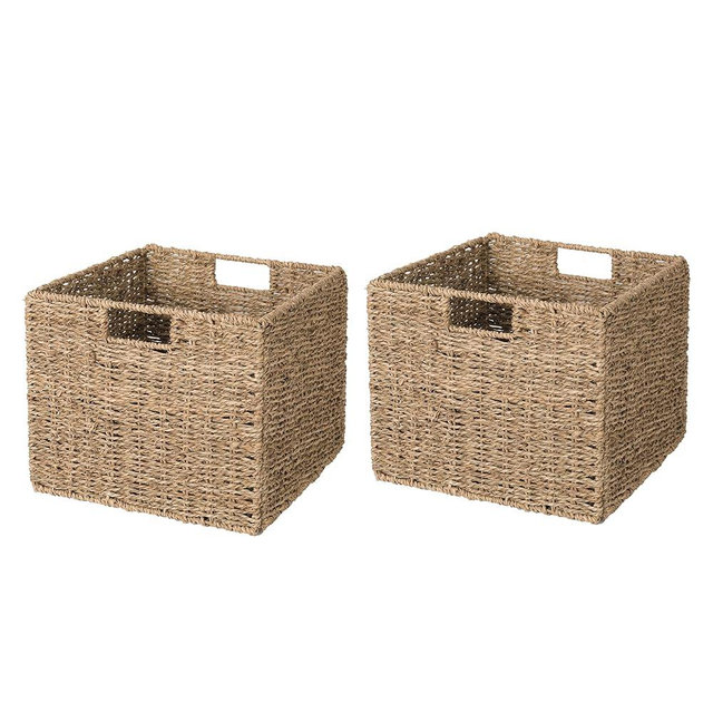 12x12x10in Seagrass Storage Baskets Set of 2, Large Wicker Storage Basket, Decorative Seagrass Shelf Basket, Pantry Baskets Organization,Folding Storage Cube Bins