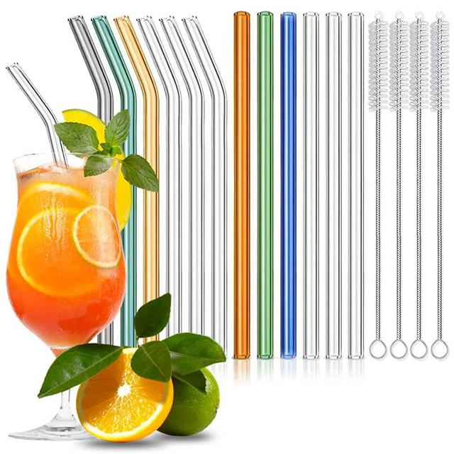 Reusable Glass Straw, 12 Pack Glass Straws Shatter Resistant, 8.5" x 0.4" Set of 6 Straight 6 Bent Colorful Eco-Friendly Straw 4 Brush, Perfect for Smoothies, Tea, Juice, Milkshakes, Frozen Drinks