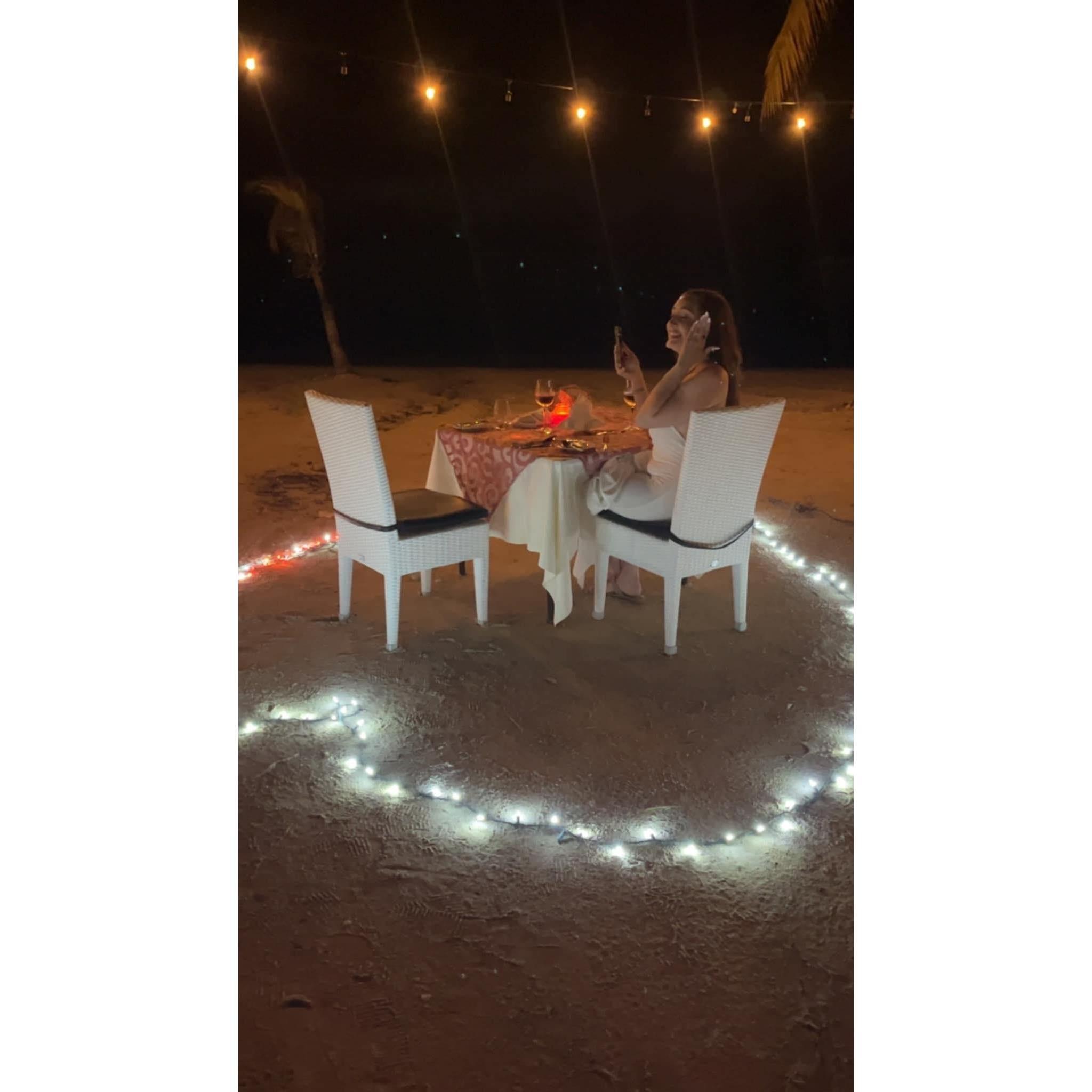 Romantic dinner on the beach in Jamaica after the best moment of our lives - THE PROPOSAL!