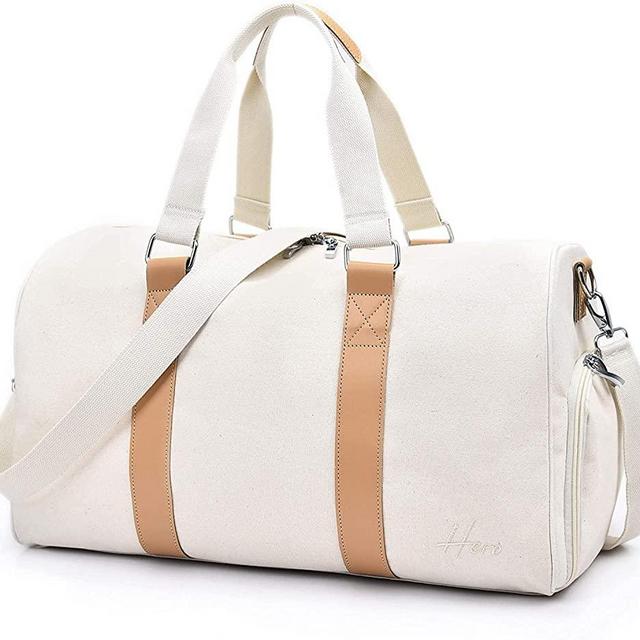 Weekender Bag for Women Travel - Cute Duffle Bag Women Travel Weekend Bag Women Travel - Overnight Bag Travel Bag Women - White Duffle Bag Small Canvas Carry On Bag - Leather Duffel Shoe Compartment
