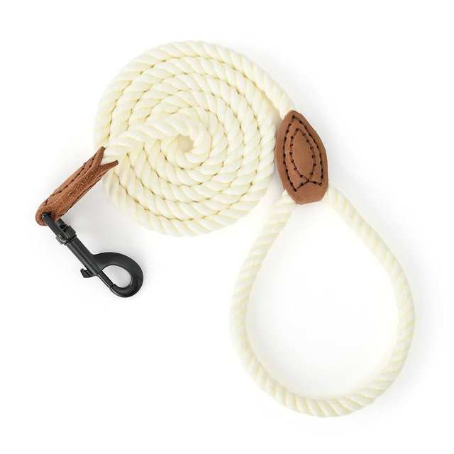 Mile High Life Dog Leash, Braided Cotton Rope Leashes with Leather Tailor Tip with Leather Tip - Heavy Duty Metal Clasp, 4FT, 1/2" Thick - Wedding, Walking Leash for Medium Large Dogs(Cream White)