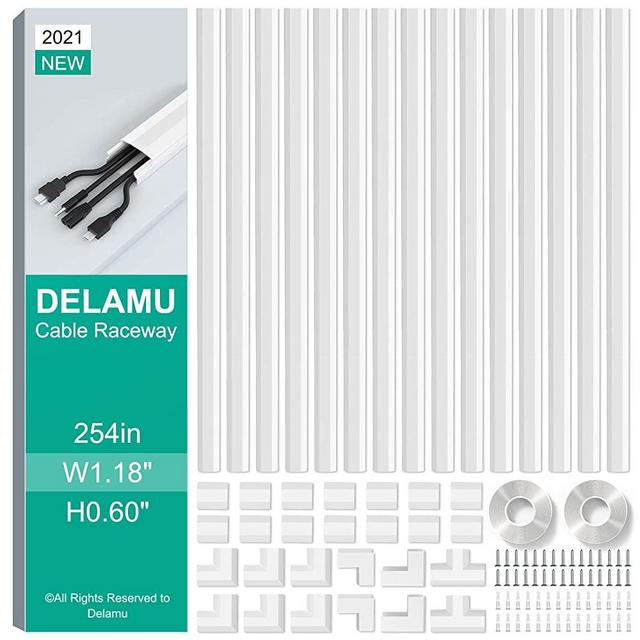 254in Cable Concealer Raceway, Delamu Cord Cover, Wire Hider for Wall Mounted TVs, Cable Hider Cover with Easy Snap-on Elbows, TV Cable Management System, 15x L16.9in W1.18in H0.6in, Large, White