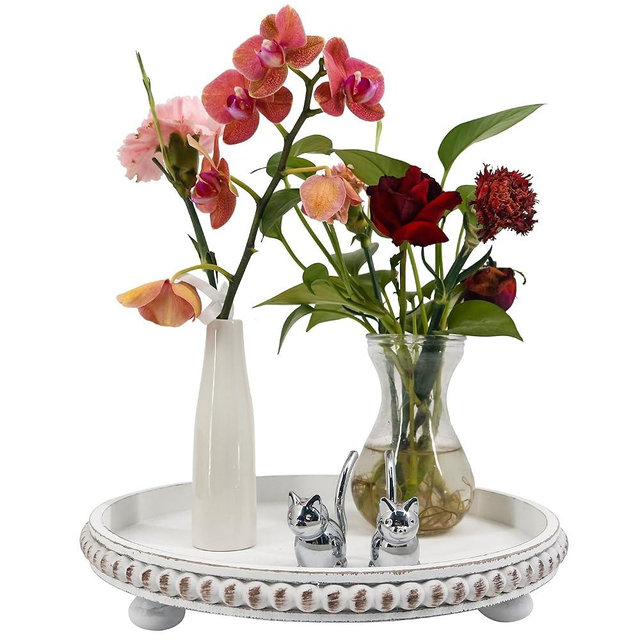 FramePro Decorative Tray 12in Round Wood Beaded - Rustic White Serving Tray Risers for Living Room, Coffee Table, Kitchen or Farmhouse Display