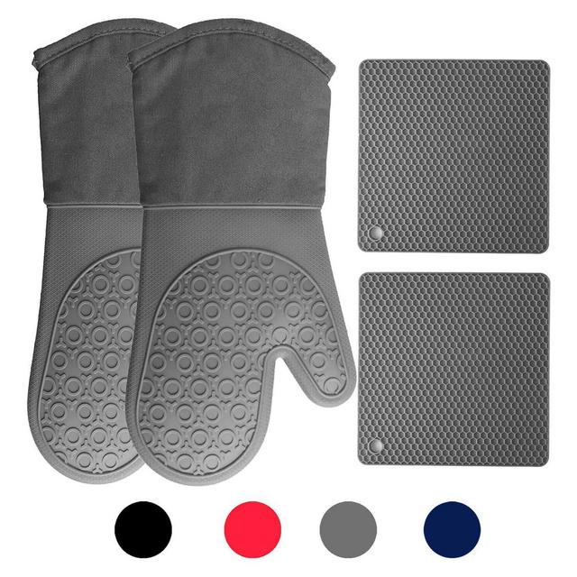 HOMWE Silicone Oven Mitts and Pot Holders (4-Piece Set) Heavy Duty Cooking Gloves, Kitchen Counter Safe Trivet Mats | Advanced Heat Resistance, Non-Slip Textured Grip(Gray)