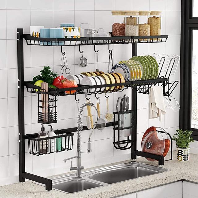 Over the Sink Dish Drying Rack -1Easylife 3 Tier Stainless Steel Large Kitchen Rack Dish Drainers for Home Kitchen Counter Storage, Shelf with Utensil Holder, Above Sink Non-Slip Shelves Organizer