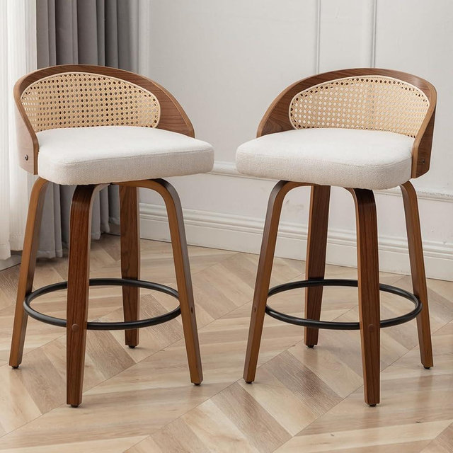 YOUUGIOR 25" Swivel Rattan Bar Stools Set of 2,Mid-Century Modern Beige Linen Fabric Upholstered Counter Height Stools,Kitchen Island Barstools with Rattan Low Backrest,Walnut Wood Finish Bar Chair