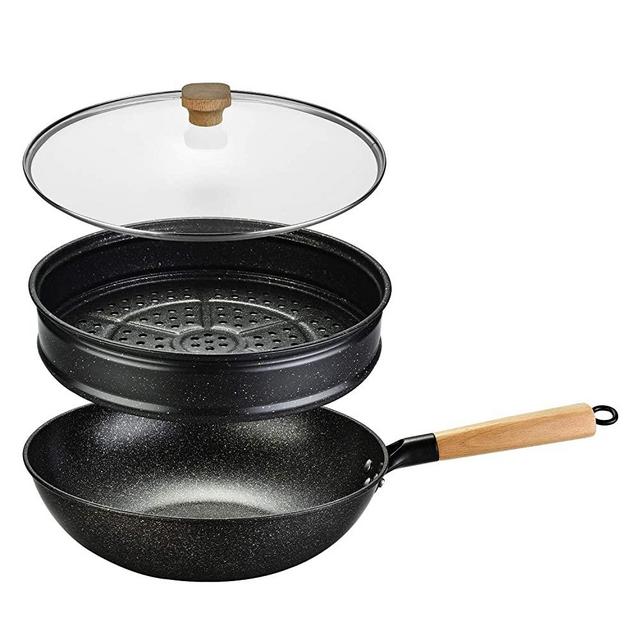 Nonstick Woks and Stir Fry Pans With Lid, Steam Rack, Wok Pan With Lid, Ceramic Wok with Lid, Nonstick Frying Wok Flat Bottom, Induction Compatible (12.5 inch wok)