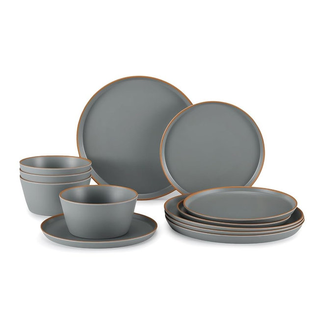 TOPMELA Melamine Dinnerware for 4, 12 Pieces Unbreakable Matte Plastic Plates and Bowls set, Kitchen Dish set BPA Free, Dishwasher Top Safe, Not Microwave, Not Oven (Grey)