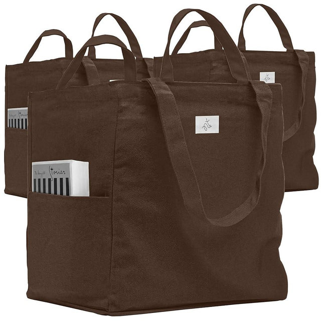 Nook Theory 3 Pcs Reusable Grocery Bags - Heavy Duty Canvas Bags, Large Reusable Shopping Bag, Picnic, 100% Cotton (Mocha)
