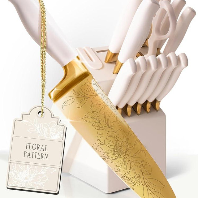 STYLED SETTINGS Knife Set with Built-in Sharpener – 14 PC Golden Titanium-Coated Stainless Steel Blades with Elegant Floral Pattern, Ultra-Sharp, Durable Kitchen Knife Block Set