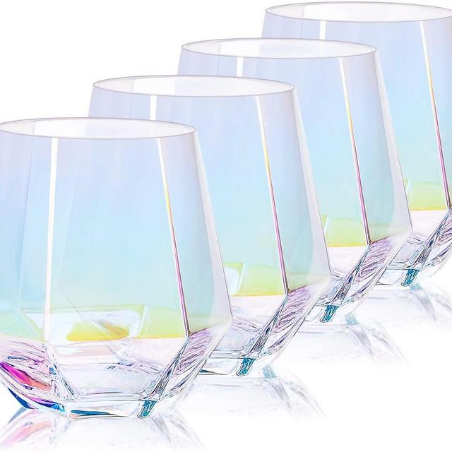 Rainbow Cocktail Glasses, 10 oz Iridescent Whiskey Glasses Set of 4, Diamond Wine Drink Tumblers Old Fashioned Scotch Wine Cups for Bourbon & Rock Style