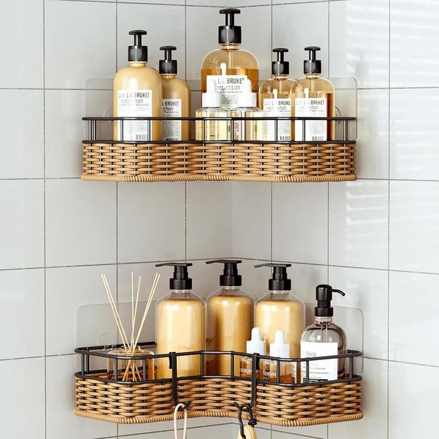 Gusio Corner Shower Caddy Bathroom Organizer & Storage, Hand-made Woven Shower Corner Shelves for Inside Shower Bathroom Decor, Self Adhesive Shower Holder Accessories for Wall RV Apartment Essential