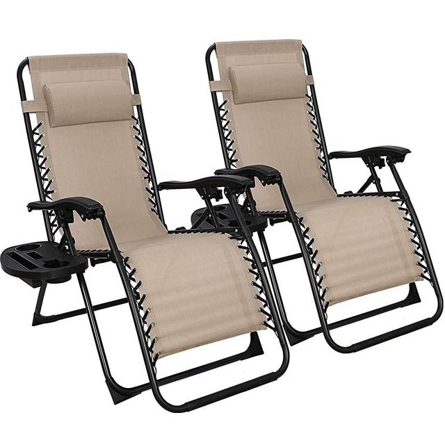 SUPER DEAL Set of 2 Reclining Lounge Chair Adjustable Zero Gravity Chair with Pillow and Utility Tray - Folding Recliners for Outdoor, Patio, Poolside, Backyard, Deck, Beach