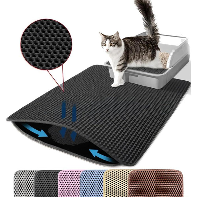 Petinstinct Extra Large Cat Litter Mat, 30x22 Inches Honeycomb Double Layer Cat Litter Trapping Mat, Non Slip Waterproof Urine Proof Large Kitty Litter Box Mat for Floor, Kitten Supplies, XL, Black